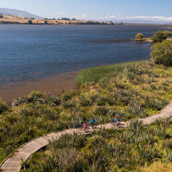 Aerial view on the of cyclist riding on the Clutha Gold Trail 