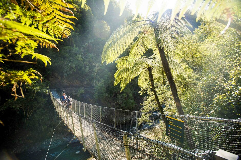 Cyclists crossing Pakihi swing bridge on the Motu Trails