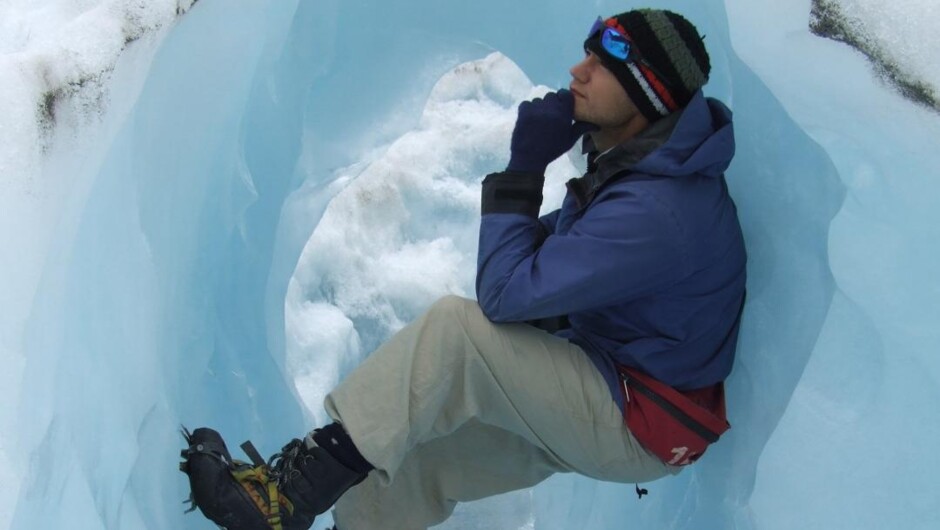 Taking a rest on a glacier hike.