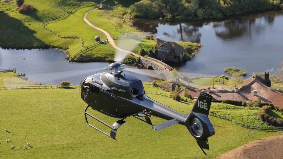 Helicorp over Hobbiton Movie Set, New Zealand