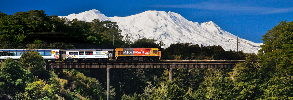 The Northern Explorer runs from Auckland to Wellington, passing through Tongariro National Park in the central North Island