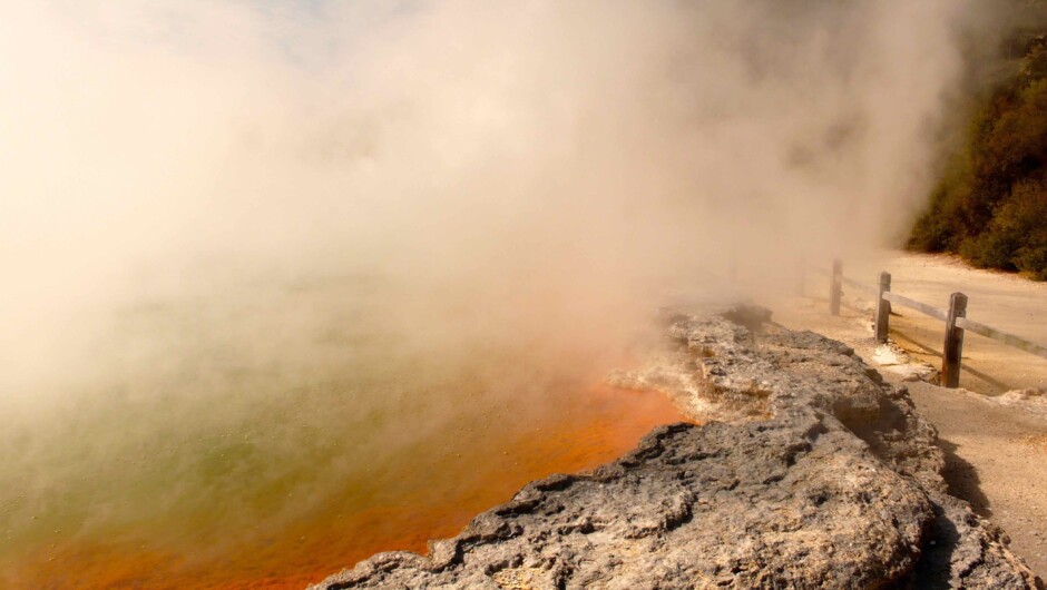 View the stunning colours of Waiotapu's Champagne Pool