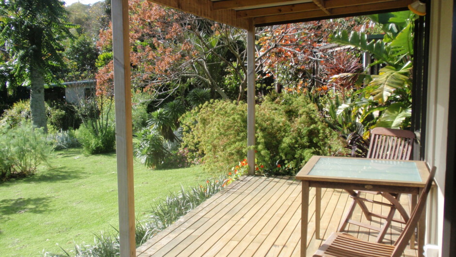 Private deck over looking gardens at Wharepuke