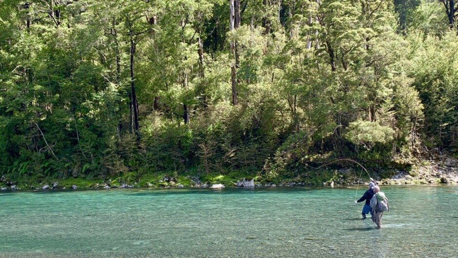 Hooked up on a large trophy trout New Zealand.