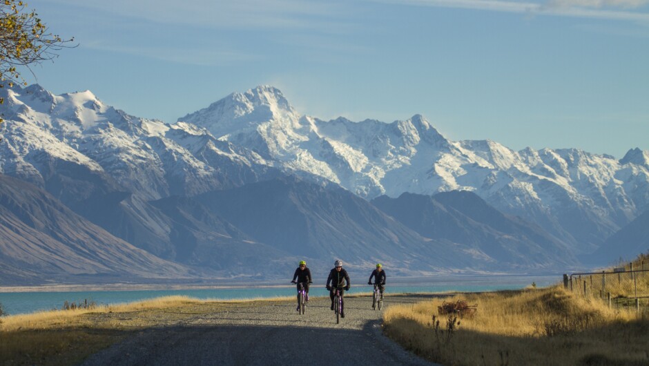 Cycling through the majestic Mt Cook range.