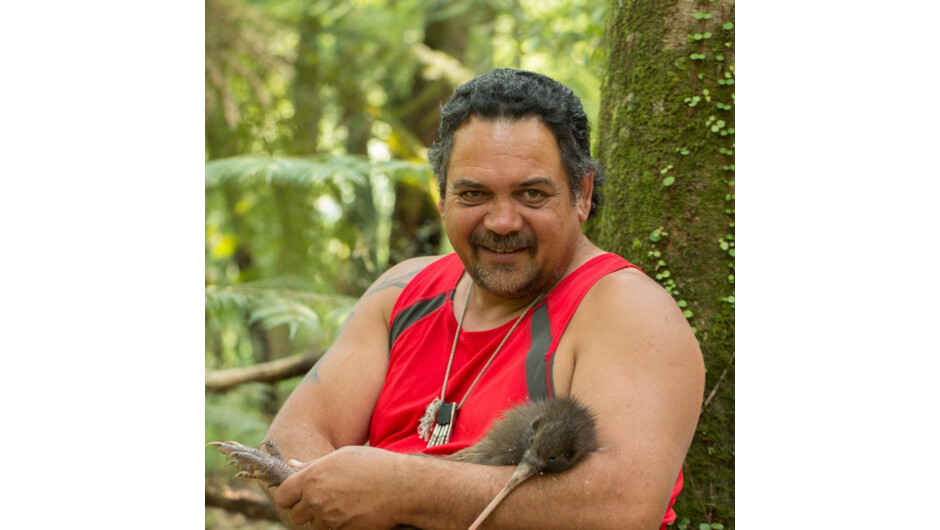 Kiwi Kaitiaki (guardian) legend Ian Tarei with one of the many Kiwi he looks after in the Ōmataroa forest