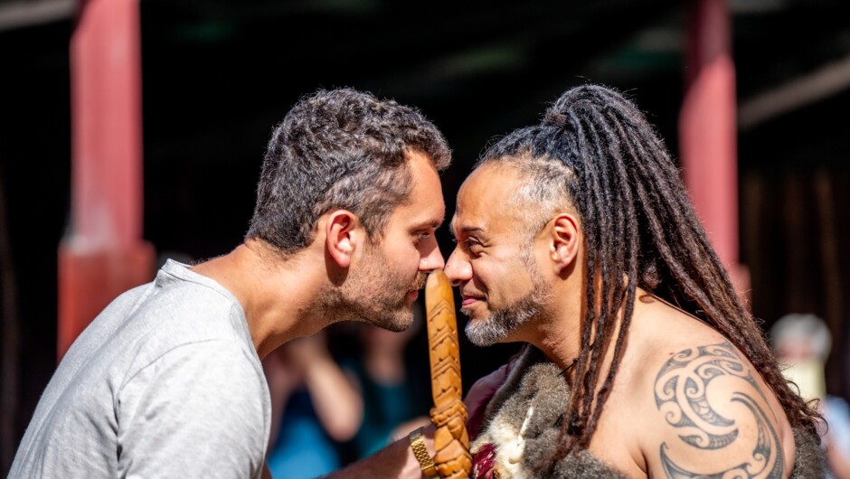 The hongi, the ‘sharing of breath’. A customary Māori greeting.