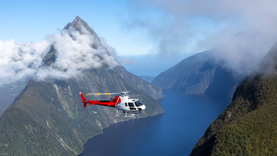 Soaring high above Milford Sound - Mitre Peak in the background.