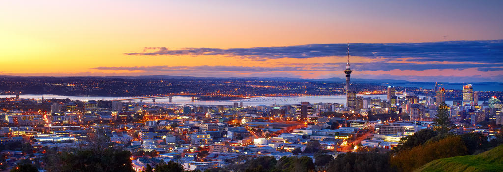 Blick auf die abendliche Skyline der Innenstadt von Auckland vom Mount Eden