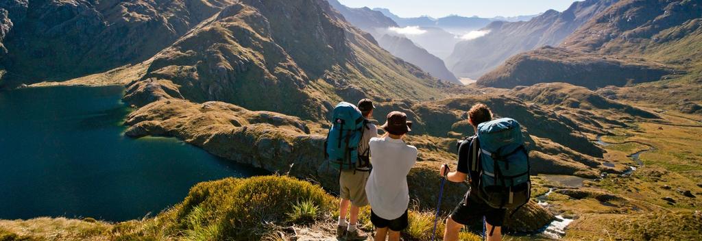 徒步穿过路特本步道（Routeburn Track）金色的山谷。