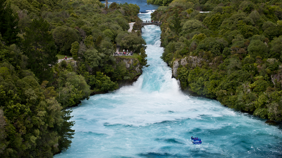 Watch 220,000 litres per second of water thunder over Huka Falls, New Zealand's most visited attraction.