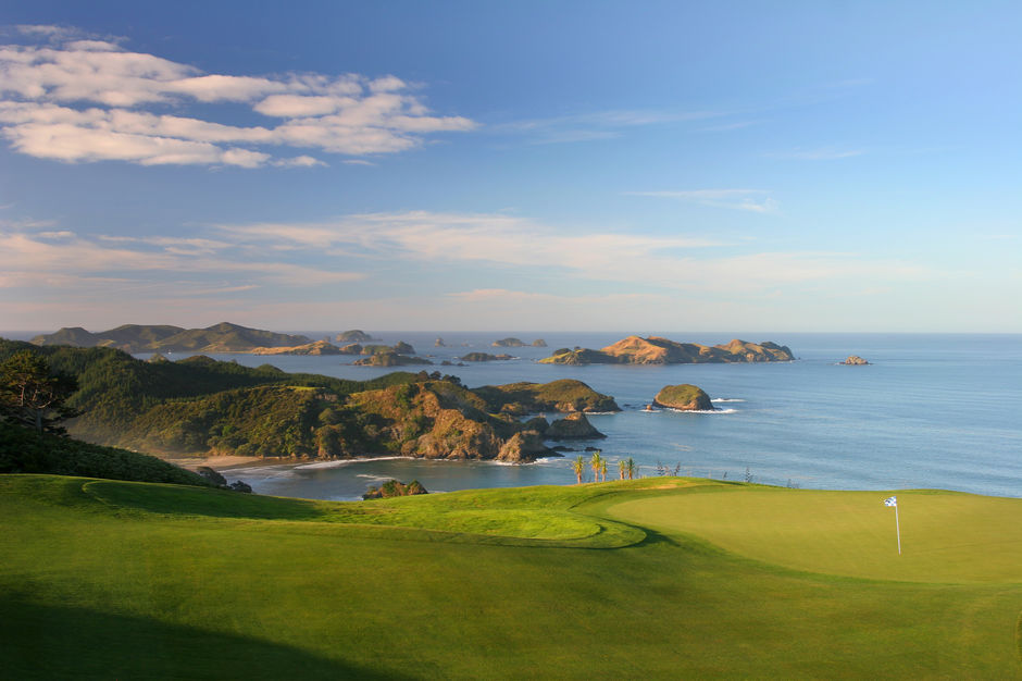 The 16th Hole on the Kauri Cliffs course looks out to the Cavalli Islands