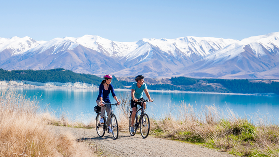 Cycling at Lake Pukaki, near our tallest mountain, Aoraki Mt Cook