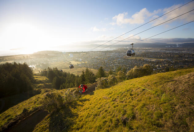 Taking the grind out of mountain biking, Skyline Rotorua’s gondola transports riders and their bikes up to a series of sweet downhill trails.