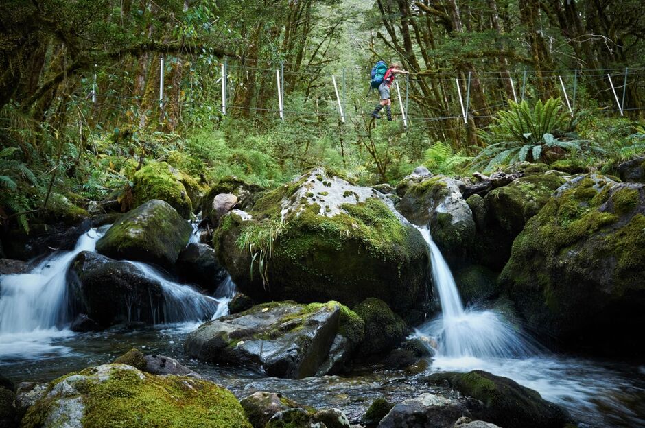 Hiker crossing a river on the Dusky Track, Southland, New Zealand