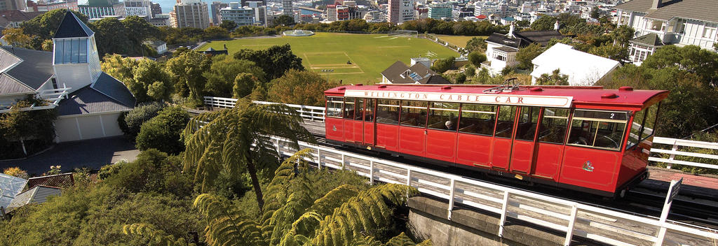 The famous Wellington cable car climbs the hill from downtown Lambton Quay to the Botanic Garden.