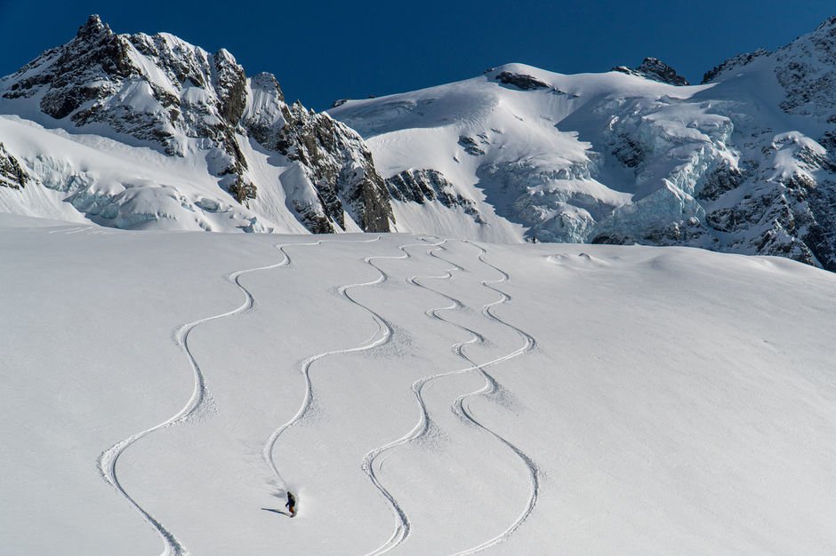 Skier on the tasman glacier, Mackenzie region