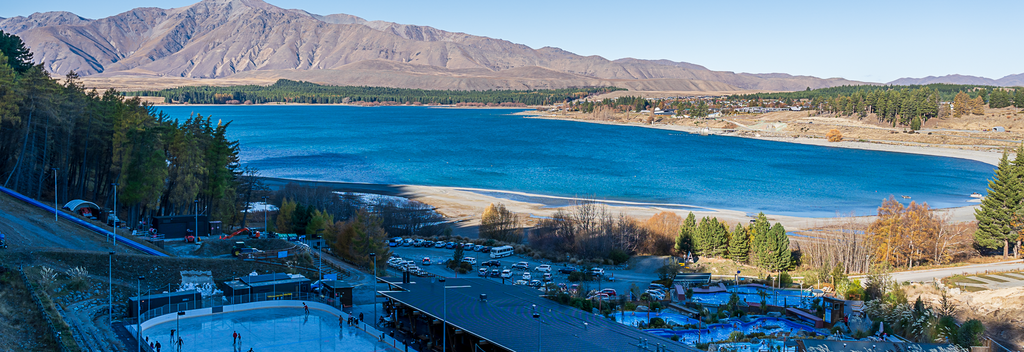 Aerial view of the ice rink and lake at Tekapo