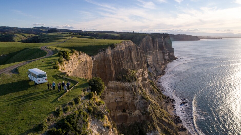 The lookout point half way out to the colony.  Looking down on the cliffs and the beach.  Viewing the different strata of rocks and earthquake movement over the years.   Take in the vast views across the whole of Hawke's Bay from the Mahia peninsular out 