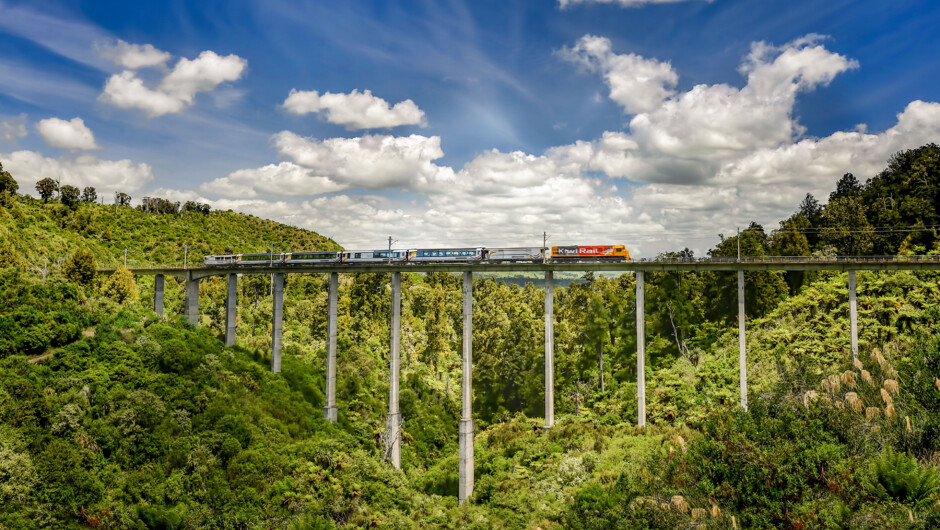Riding high on the Hapuawhenua Viaduct as the Northern Explorer train heads from Wellington to Auckland.