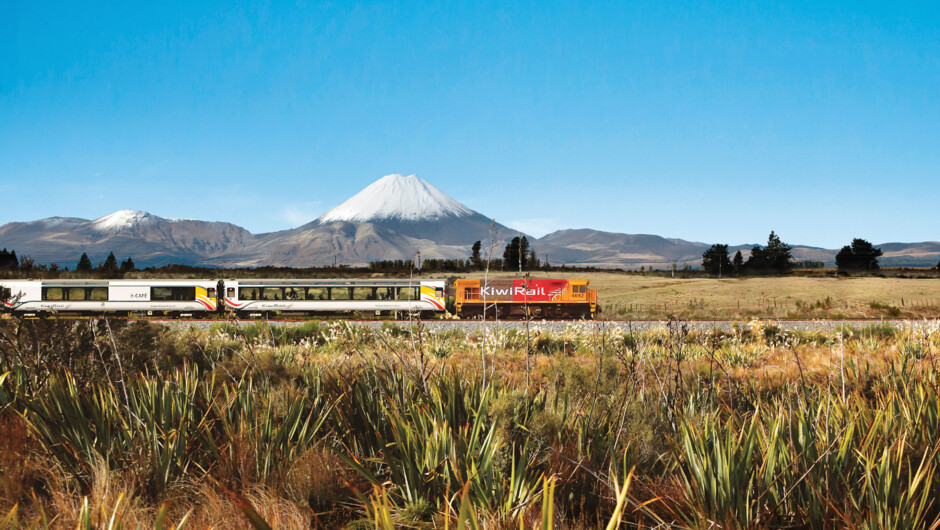 Northern Explorer train leaves National Park station on its way south to Wellington.