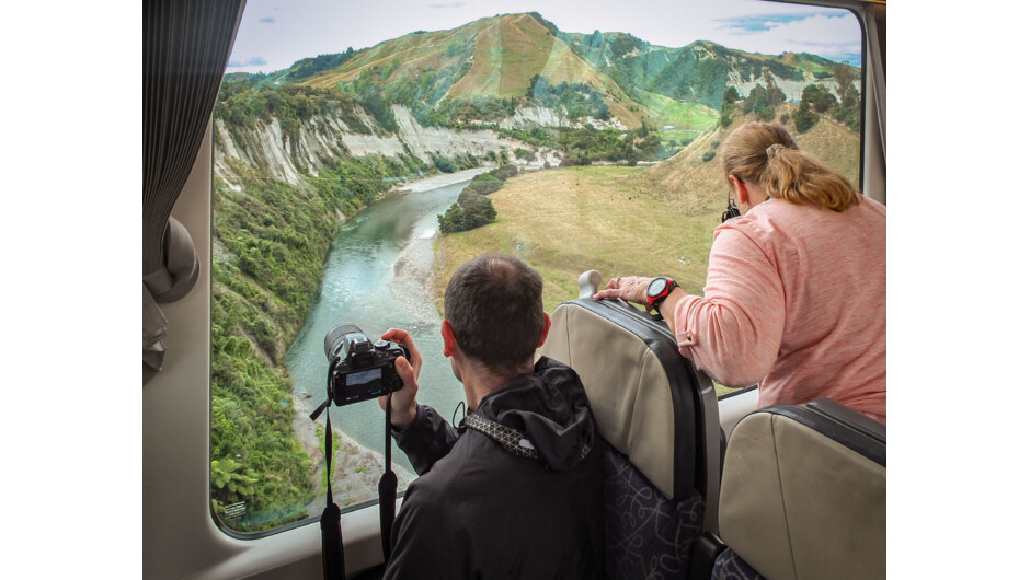 Looking down on the Rangitikei River as the Northern Explorer crosses the South Rangitikei Viaduct.