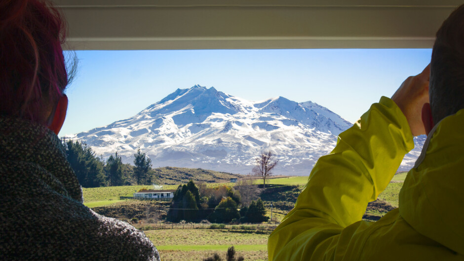 Views of Mount Ruapehu from the Open-air Viewing Carriage on the Northern Explorer.