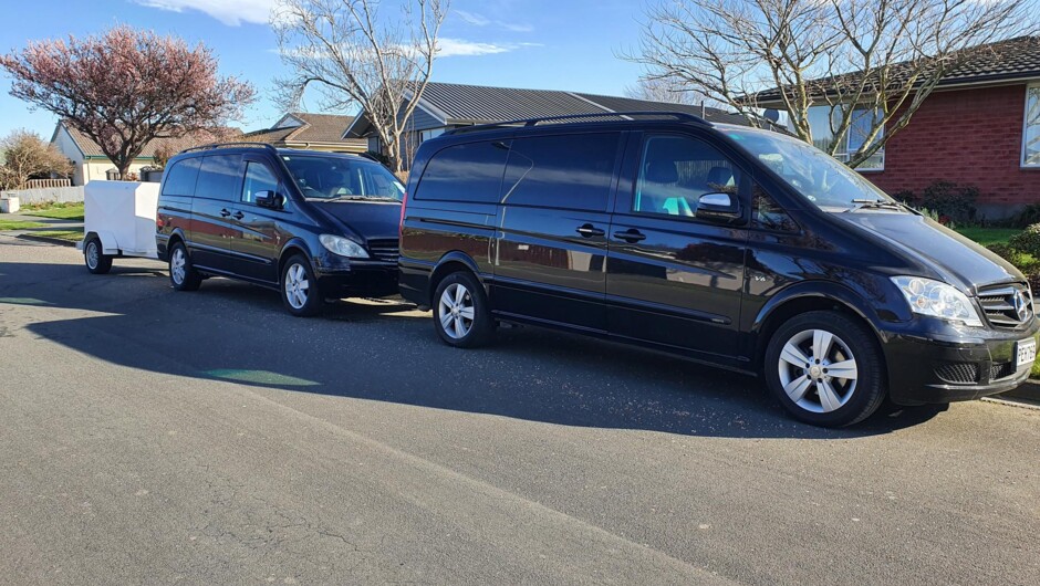 Black Mercedes Benz V Class 6 seat minivans with trailer