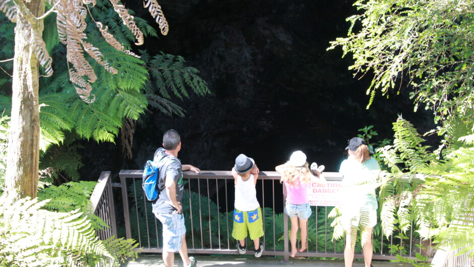 Look down on the crystal clear waters of Waiwhakaata (Pool of Mirrors) at the bottom of New Zealand's only geothermal cave.