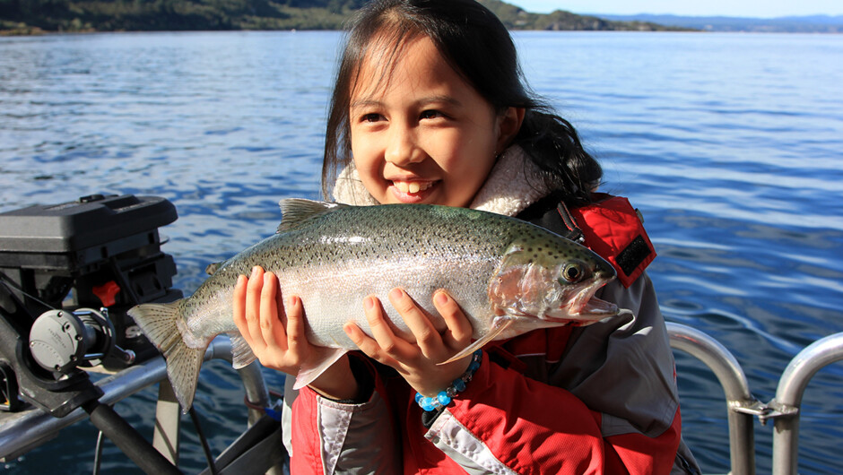 The only tour in town to have a live fishing demonstration at 1.30pm on Chris Jolly Outdoors Cruise Cat.  Learn all about how we fish for trout, as well as enjoy the stunning normal cruise out to the Māori Rock Carvings.
