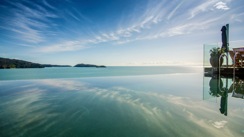 Salt water infinity pool overlooking Tasman Bay.