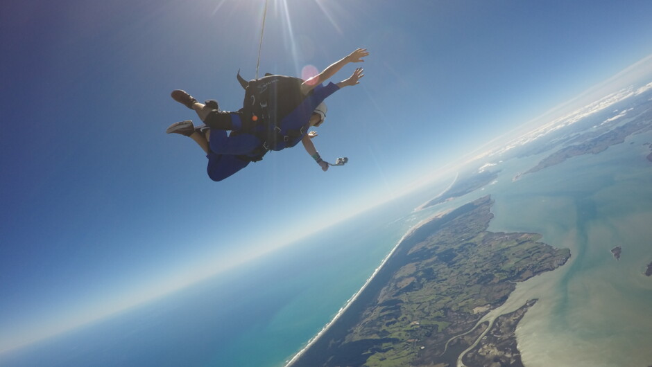 18,000ft - highest skydive in New Zealand with stunning views of both the east and west coasts of New Zealand, Waiheke Island, Great Barrier Island, Mt Ruapehu and even Mt Taranaki.