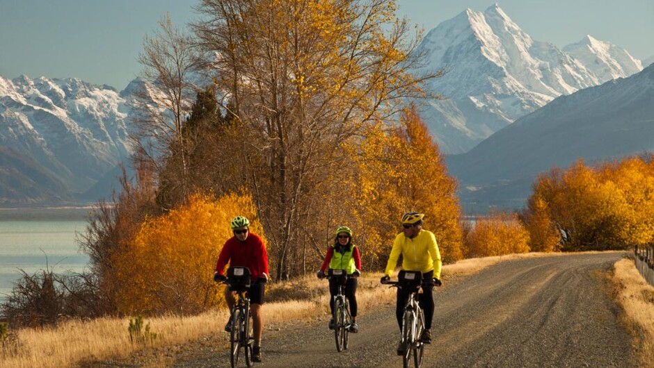 Cycling beneath Mt Cook on the Adventure South Alps to Ocean guided cycle trip.