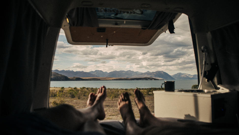 Views of Lake Tekapo from bed with a Mad Campers home on wheels!