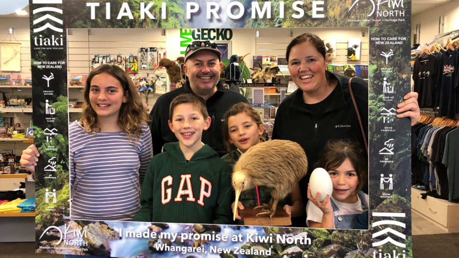 The Burns/Strydom Family from South Africa made their Tiaki Promise at Kiwi North to care for our future by helping to protect our land, our sea and our culture.