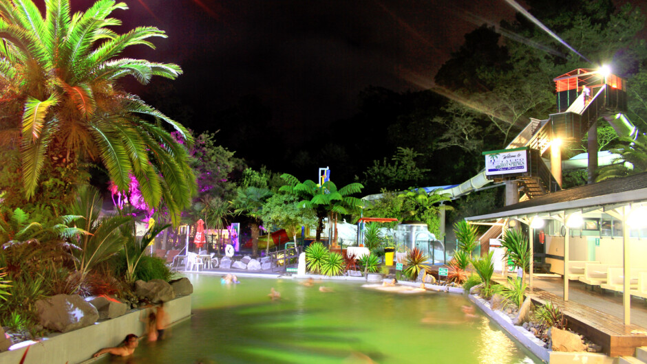 Enjoy a relaxing soak in the hot pools at night.