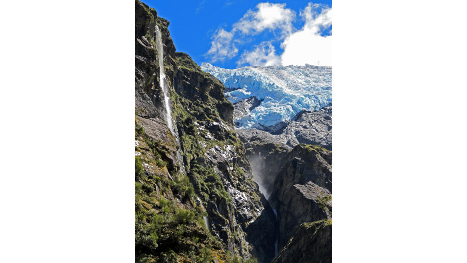Waterfalls tumble from the Rob Roy Glacier to feed the Mt Aspiring National Parks pristine rivers.