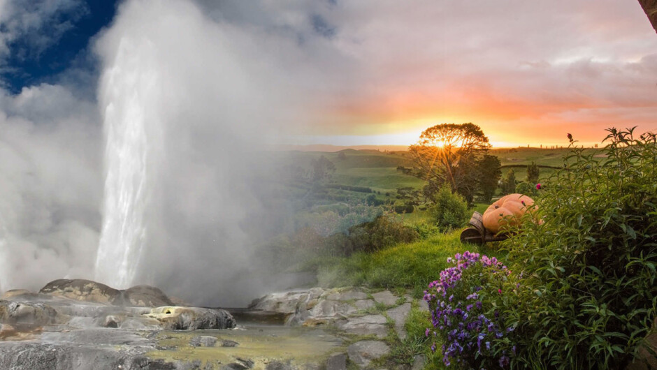 Whaka Geyser and Hobbiton Movie Set