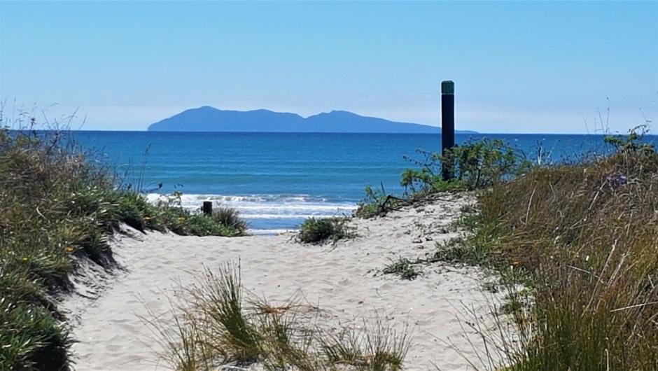 Our access to Waihi Beach looking out to Mayor Island