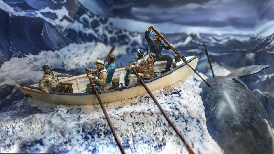 A series of dioramas illustrate the processes of whaling.