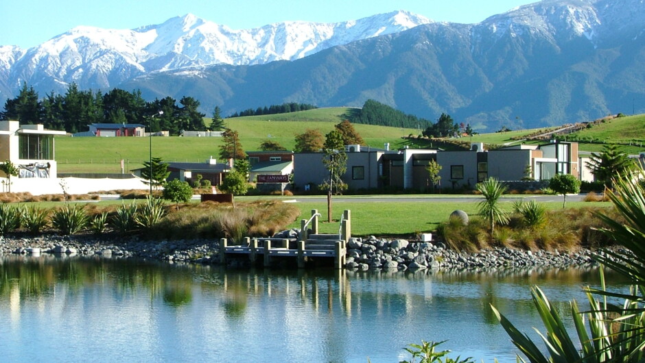 View of The Fairways from the Lake out to the Kaikoura Mountains