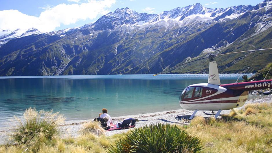 A beautiful alpine lake with Wanaka Helicopters
