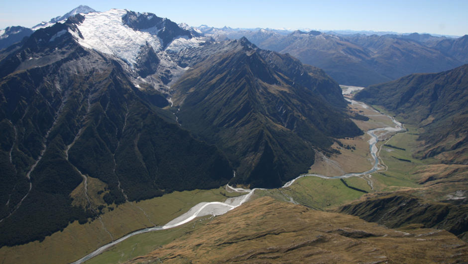 Aerial view of the Rob Roy Valley, Mt Aspiring National Park.