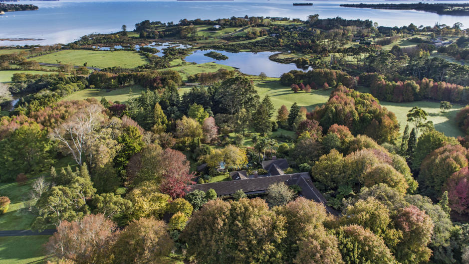 Aerial view of Ayrlies Garden, Wetland area and out to Hauraki gulf and Rangitoto