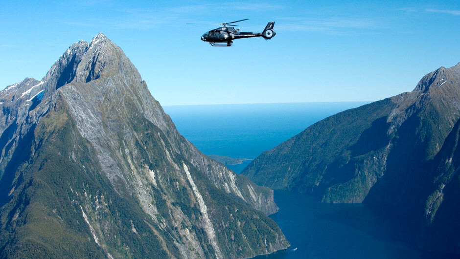 Flying throughout Milford Sound in the Eurocopter EC130