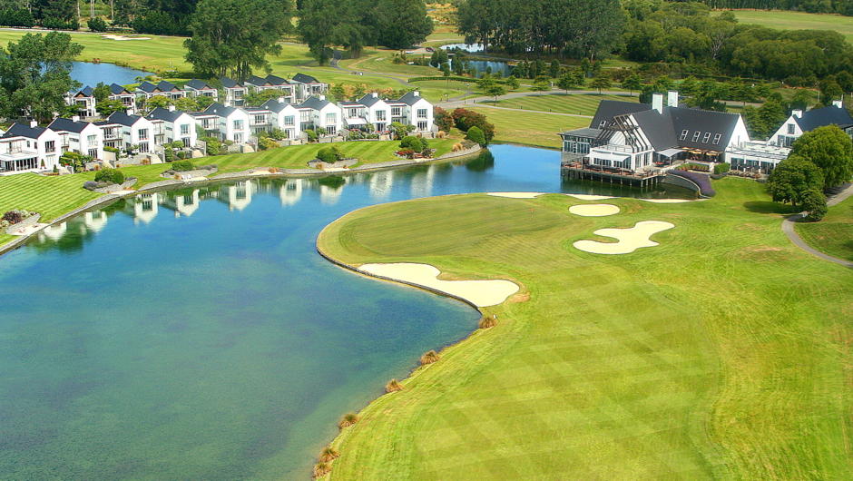 The 18th hole and main building (Lounge and restaurant) from the air.
