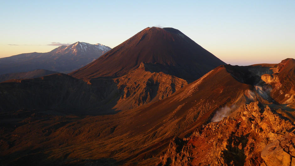 Sunrise over Mt Tongariro, Mt Ngauruhoe and Mt Ruapehu