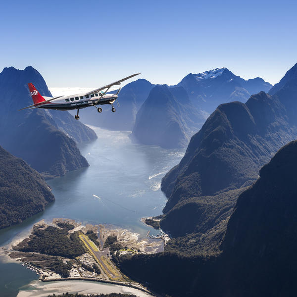 Take a scenic flight over the Southern Alps to Milford Sound and across Fiordland.
