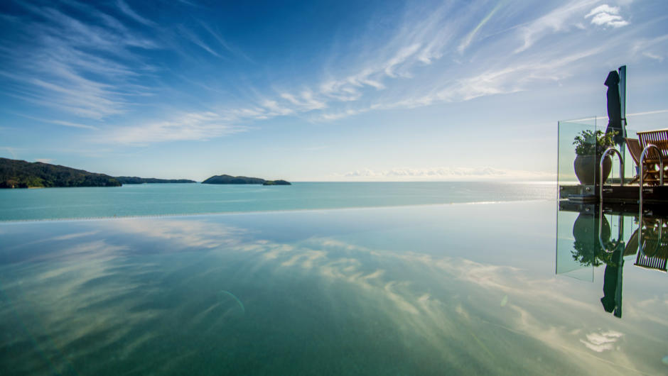 Salt water infinity pool overlooking Tasman BAY