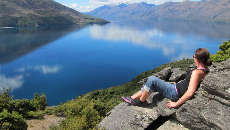 Now that's a seat with a view ! Soaking up the sights on the west side of Mou Waho Island, Lake Wanaka